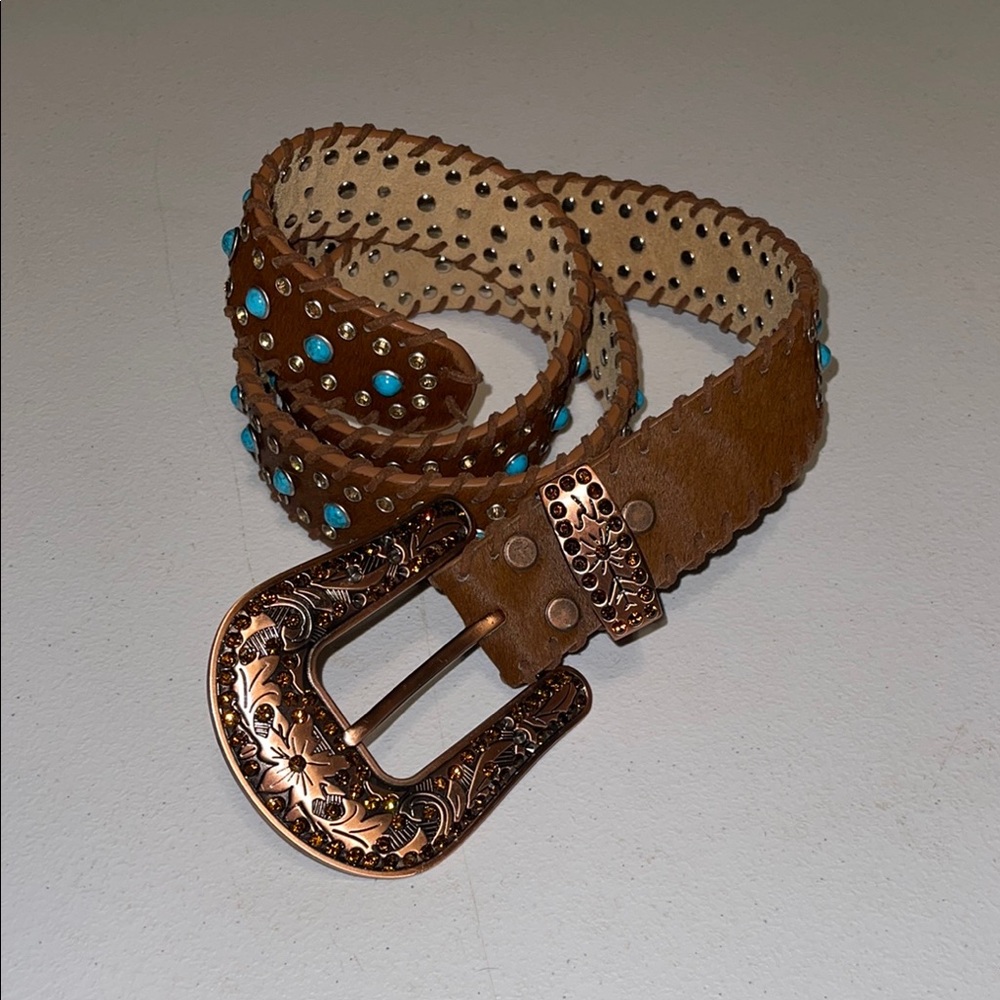 Brown Leather Belt with Turquoise Accent
